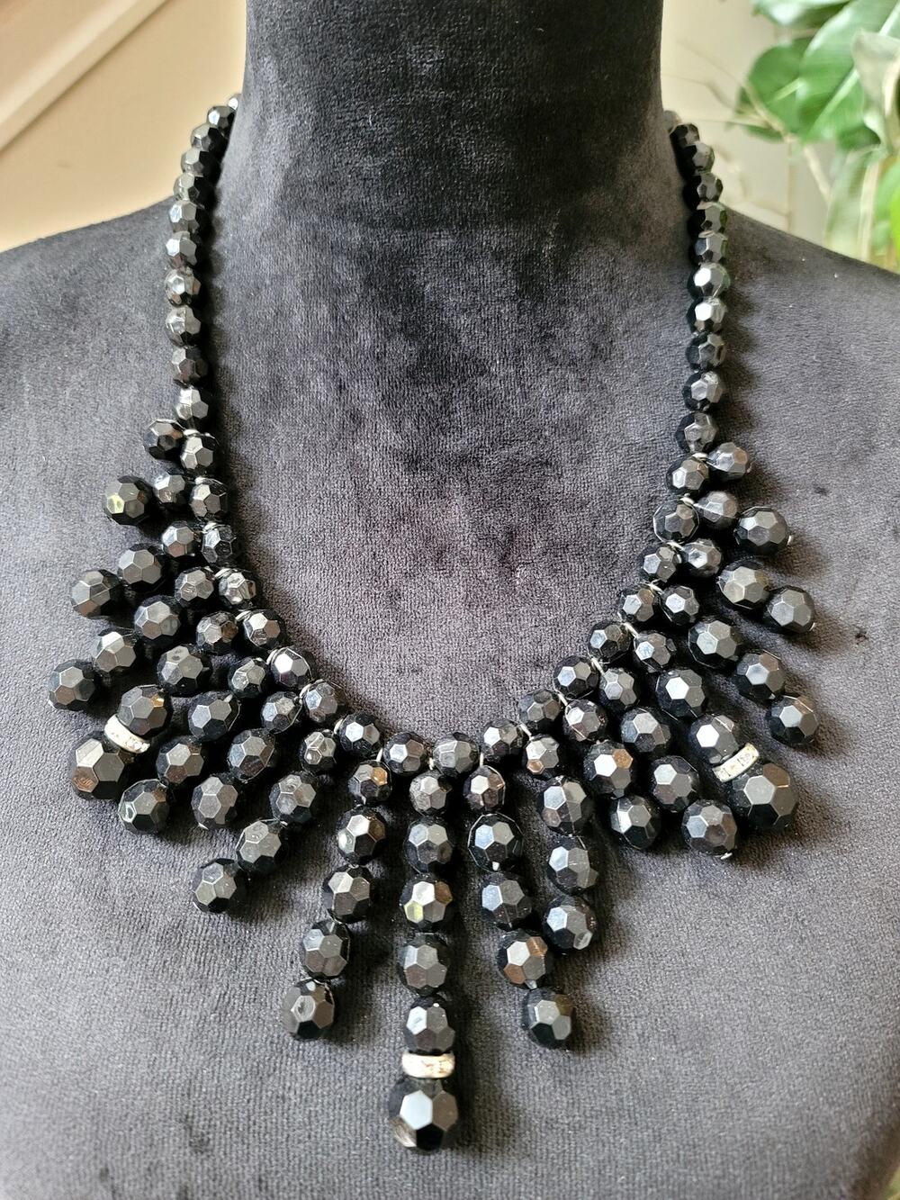 Black Faceted Crystal Beaded Bib Statement Necklace Dramatic Chunky Jewelry